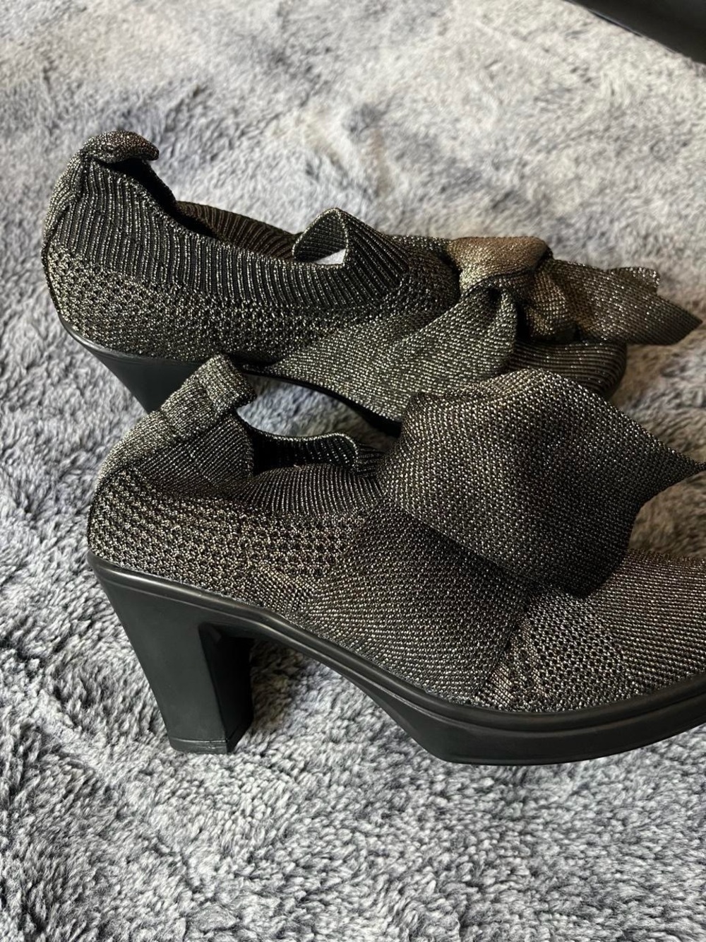 bernie mev. Metallic Black Knit Bow Block-Heel Pumps